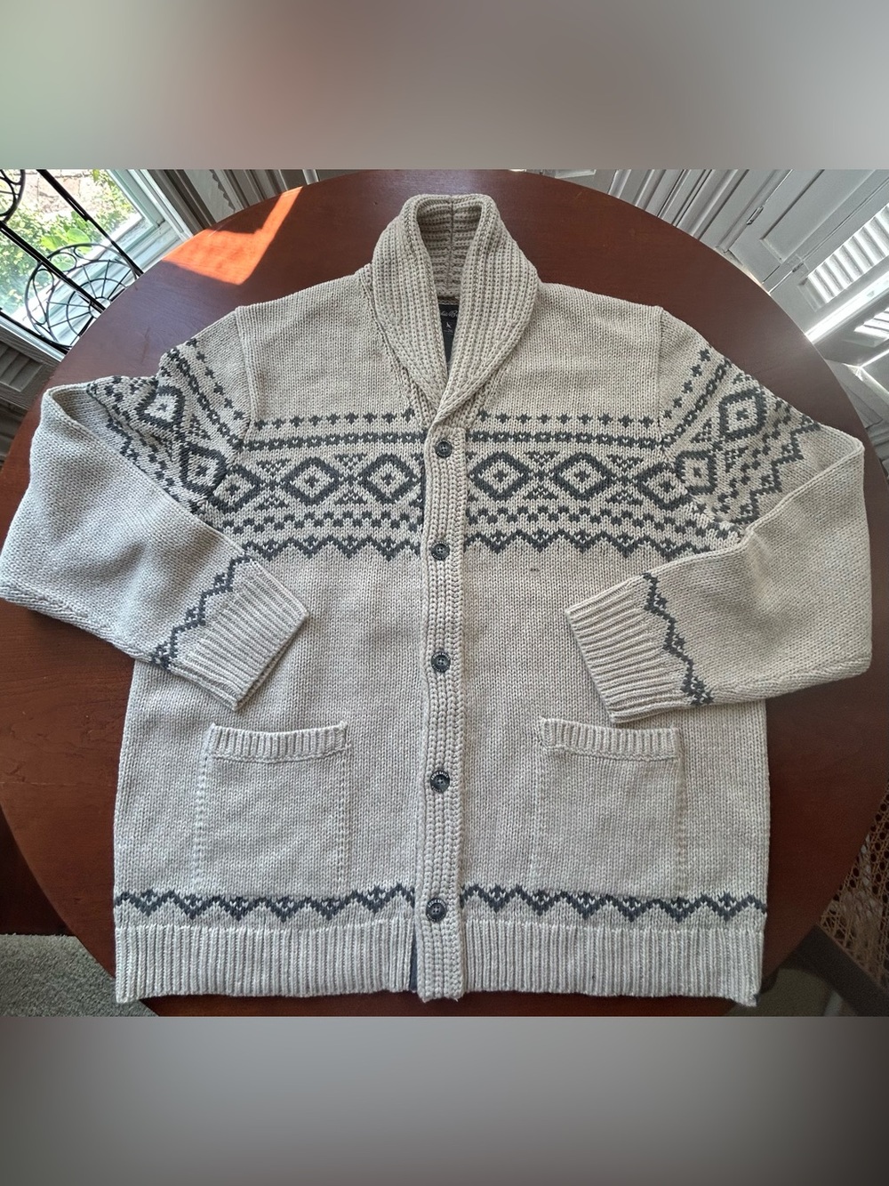 Eddie Bauer Heavy Knit Fair Isle Cardigan Sweater Men’s 2XL Gray Cream